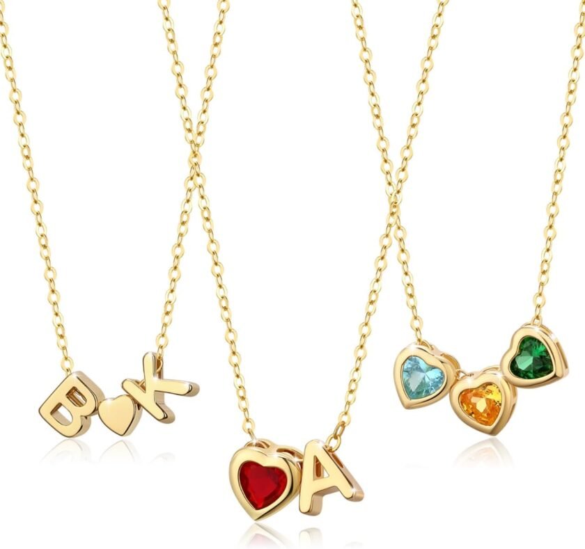 14K Gold Plated Heart Necklace with Adjustable Chain- Personalized initials and heart birthstones freely combined for Meaningful Gifts and Express Your Love