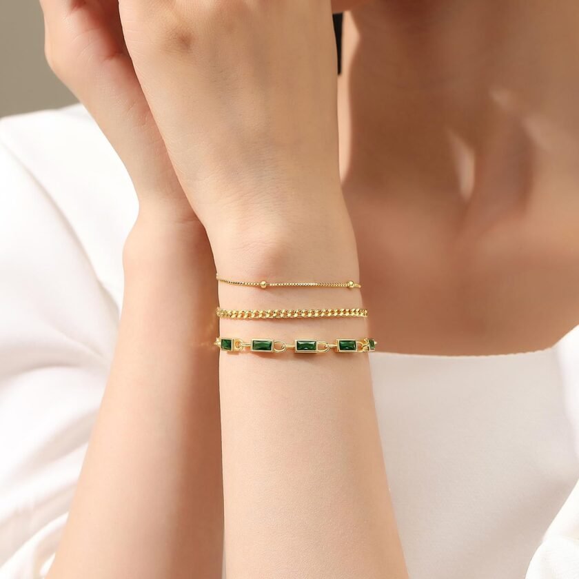 Gold Birthstone Bracelet for Women, 18K Gold Plated Layered Jewelry Bracelet Set, Women Dainty Stackable Bracelets Link Paperclip Chain Valentines Day Gift for Women - Image 2