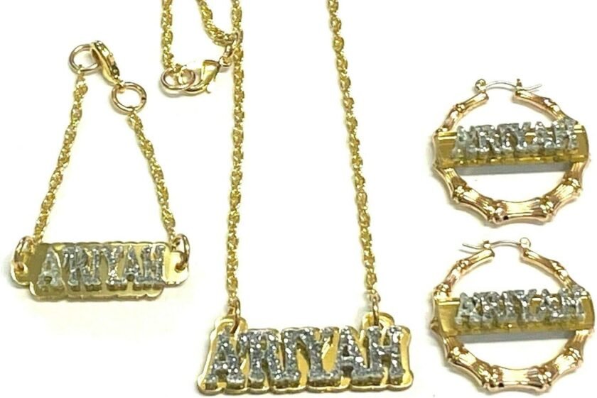 Personalized Matching Necklace With Gold Chain and Bamboo Earrings Set Name Plate Custom Nameplate Laser Cut, Diamond Look, Made To Order Any Name - Dazzling and Stunning! (Earrings and Necklace Set)