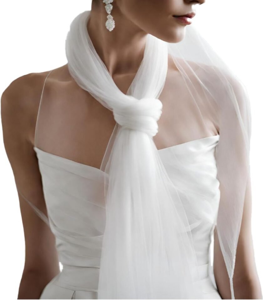 Narrow Ivory Silk Bridal Scarf for Wedding, Long Silk Neck Scarf, Tulle English Net Neckerchief, Draped Wedding Wrap, Soft Bridal Bow Cape (off white)