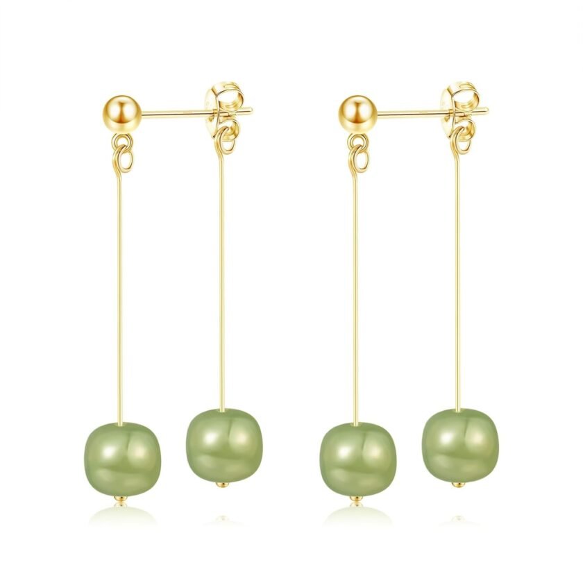 Natural Hetian Jade Bead Earrings, Lucky Green Jade, Dainty Green Real Jade Charm Pendant Jewelry Studs, Handmade Earrings Stud Hoop Earrings for Women (925 Sterling Silver with Gold Plated)