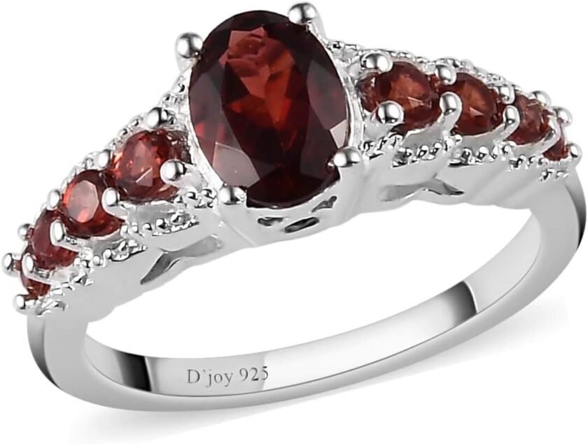 9 Stone Garnet Ring for Women in 925 Sterling Silver - January Birthstone Promise Engagement Vintage Red Garnet Jewelry Valentines Day Gifts