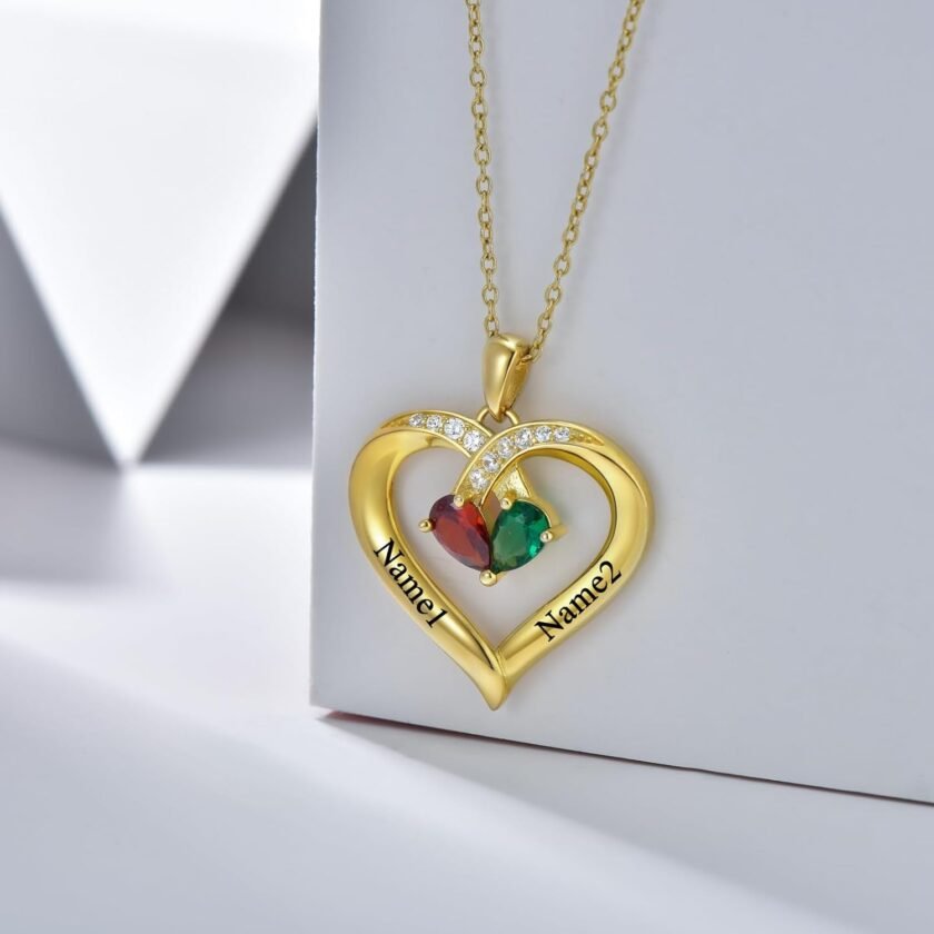 10K/14K/18K Gold Personalized Mom Necklace with 1-4 Birthstones Custom Name Heart Necklace Engraved Names for Mom Wife - Image 2