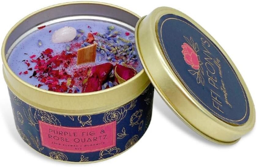 Fifi Peony's Gemstone Candles - Infused with Healing Rose Quartz Crystals and Hand Placed Dried Flowers. Scented with Soothing Fig in Natural Soy Wax. Burns with an Elegant Wooden Wick. 8oz - Image 2