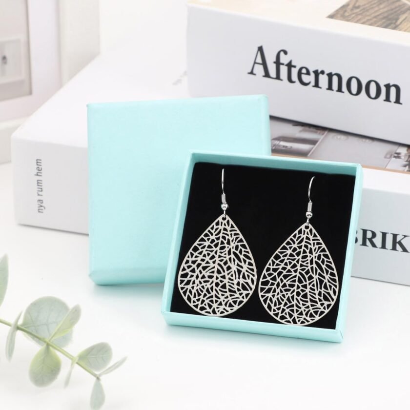 Teardrop Earrings for Women, 14K Silver Plated Dangle Earrings Handmade Filigree Teardrop Dangling Earrings Hypoallergenic 925 Sterling Silver Hooks Exquisite Leaf Earrings for women Girls - Image 6