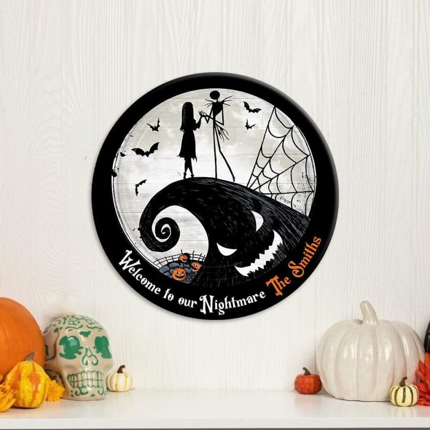 Personalized Sally Jack Skeleton Sign, Welcome to Our Nightmare Sign Before Christmas Movie Couple Gifts Spooky Wood Door Hanger for Outside Porch Decor, Custom Family Name Sign Home Decoration - Image 3