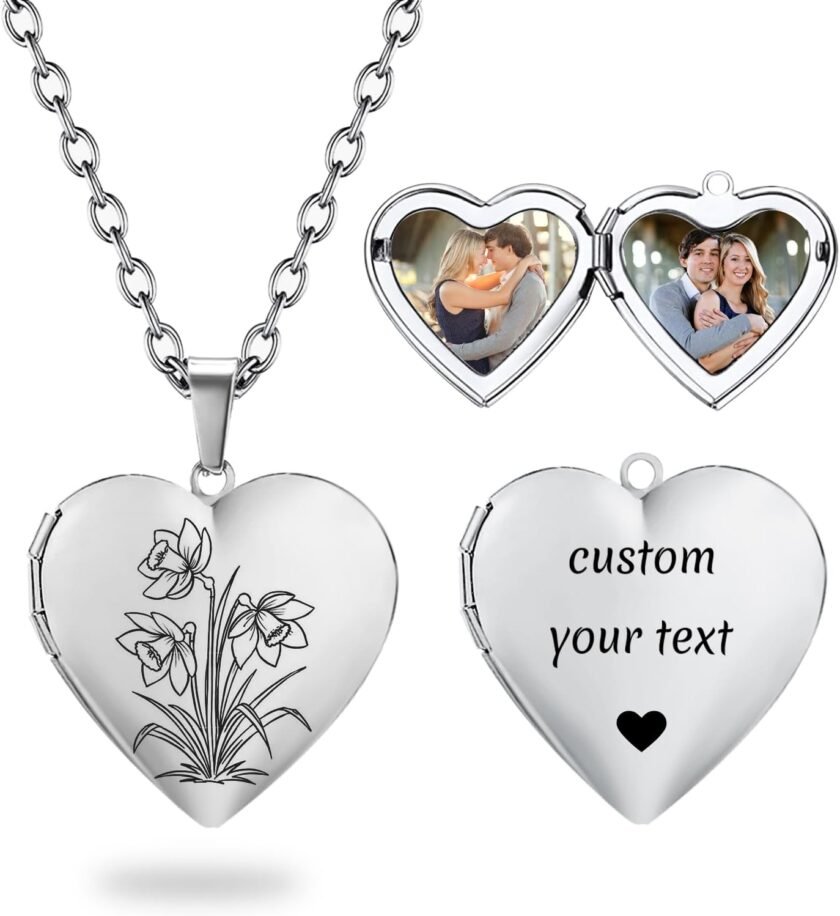 PHOCKSIN Heart Locket Necklace that Holds Pictures Silver Locket Necklace Custom Photo Lockets for Women Personalized Birth Flower Birthstone Necklace for Women