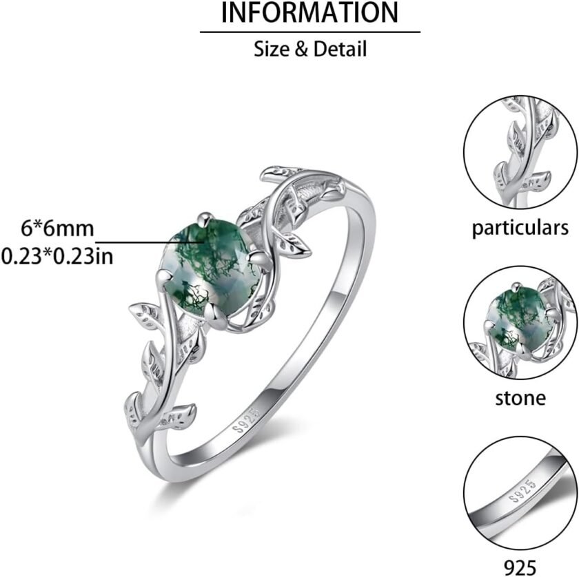 Natural Moss Agate Ring 925 Sterling Silver Leaf Ring Engagement Promise Rings for Women Jewelry Gift - Image 6