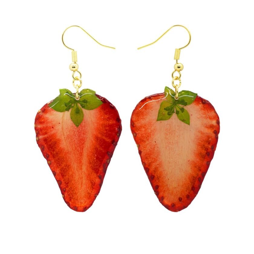 Handmade Real Strawberry Heart Earrings, Pressed Strawberry SIice Natural Earrings, Dried Fruit Resin Fruit Jewelry, Birthday Gift (Gold Hooks)