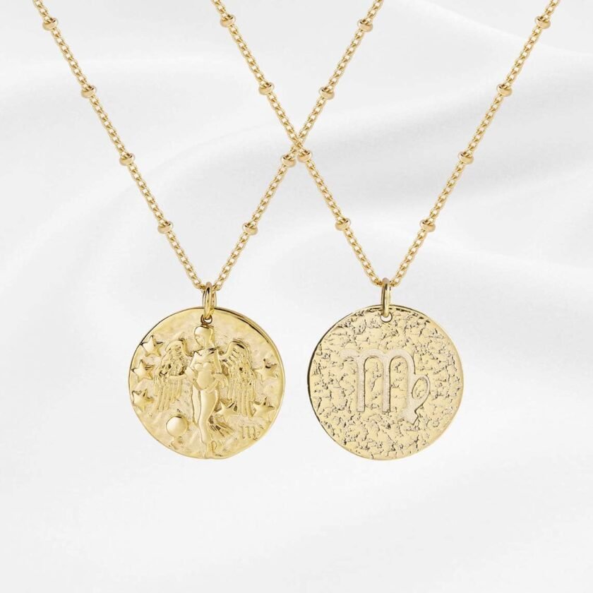 Zodiac Coin Embossed Choker Necklace Disc 12 Constellation Astrology Horoscope 14K Gold Plated Round Pendant Personalized Necklace Gift for Women Men - Image 2