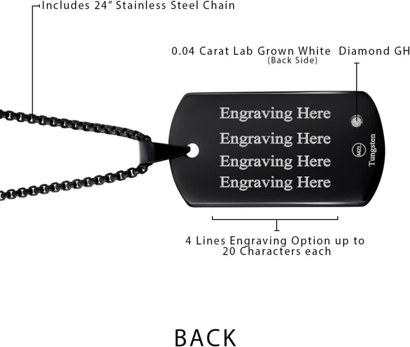 Gem Stone King Personalized Black Plated Tungsten Carbide Solid Polished Dog TAG Pendant Necklace with Lab Grown Diamond - Custom Engravable, Durable and Stylish Jewelry with 24 Inch Chain - Image 3