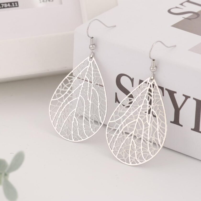 Teardrop Earrings for Women, 14K Silver Plated Dangle Earrings Handmade Filigree Teardrop Dangling Earrings Hypoallergenic 925 Sterling Silver Hooks Exquisite Leaf Earrings for women Girls - Image 5