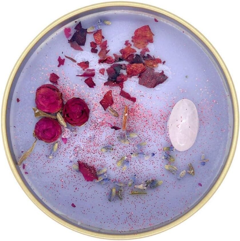 Fifi Peony's Gemstone Candles - Infused with Healing Rose Quartz Crystals and Hand Placed Dried Flowers. Scented with Soothing Fig in Natural Soy Wax. Burns with an Elegant Wooden Wick. 8oz