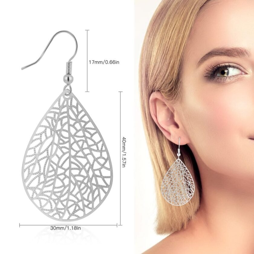 Teardrop Earrings for Women, 14K Silver Plated Dangle Earrings Handmade Filigree Teardrop Dangling Earrings Hypoallergenic 925 Sterling Silver Hooks Exquisite Leaf Earrings for women Girls - Image 3