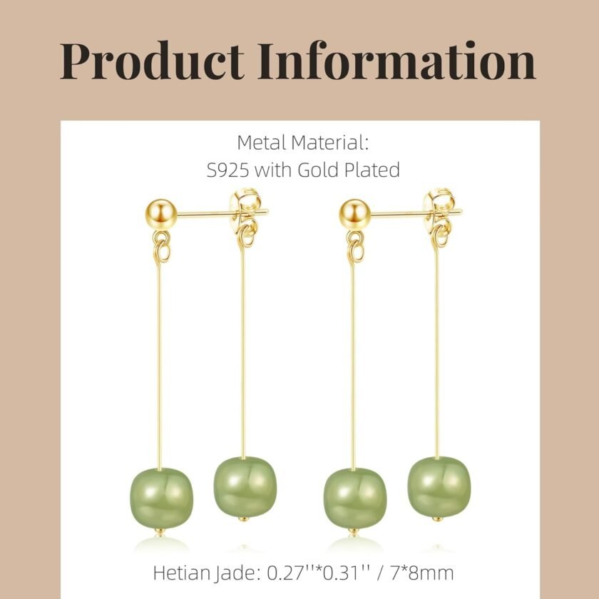 Natural Hetian Jade Bead Earrings, Lucky Green Jade, Dainty Green Real Jade Charm Pendant Jewelry Studs, Handmade Earrings Stud Hoop Earrings for Women (925 Sterling Silver with Gold Plated) - Image 2