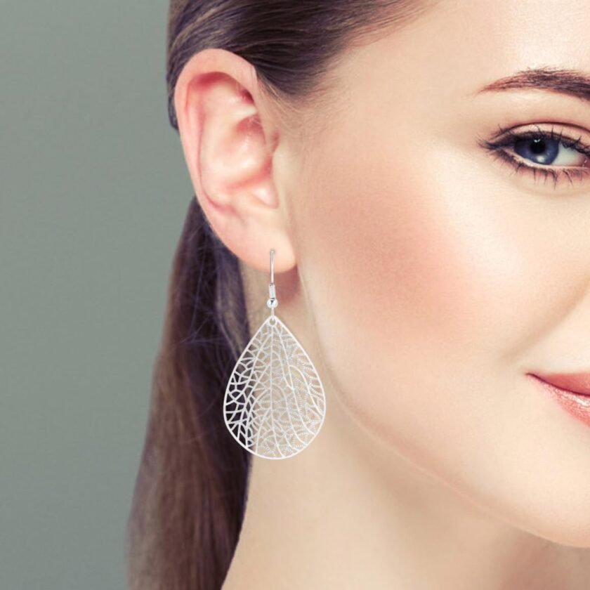 Teardrop Earrings for Women, 14K Silver Plated Dangle Earrings Handmade Filigree Teardrop Dangling Earrings Hypoallergenic 925 Sterling Silver Hooks Exquisite Leaf Earrings for women Girls - Image 2