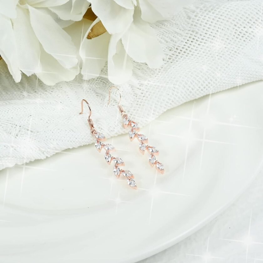 Handmade Rose Gold Leaf Earrings Crystal Wedding Dangle Earrings for Brides Bridesmaid Gift for Women Teen Girls - Image 5