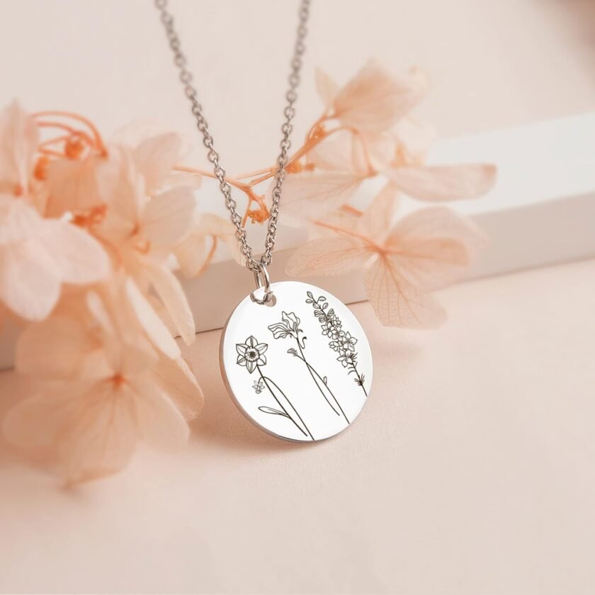 Anavia Multiple Birthday Month Flowers Necklace Connection of Family and Friends, Personalized Engraved Floral Coin Necklace, Customized Birthday Jewelry Gift for Mother New Mom - Image 5