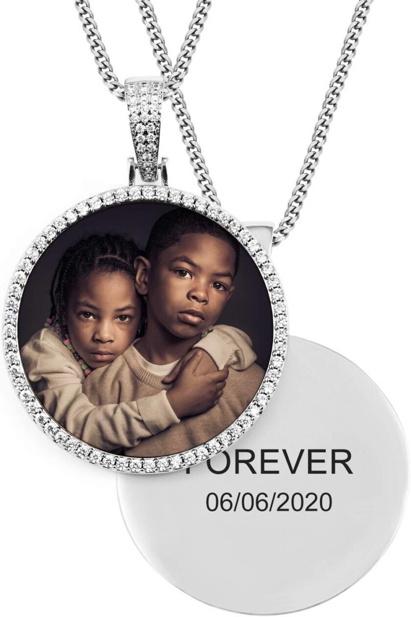 TUHE Custom Picture Necklace Personalized Photo Necklace For Men Circle Memorial Picture Pendant 18K Gold Plated Customized Engraved Photo Rip Chain Medallion