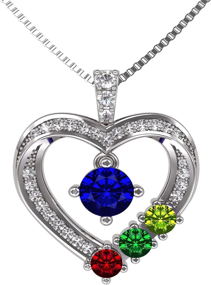 Central Diamond Center Mother & Child Heart Birthstone Necklace w/ 1-6 Simulated Gemstones in Sterling Silver, 10K, or 14K Gold