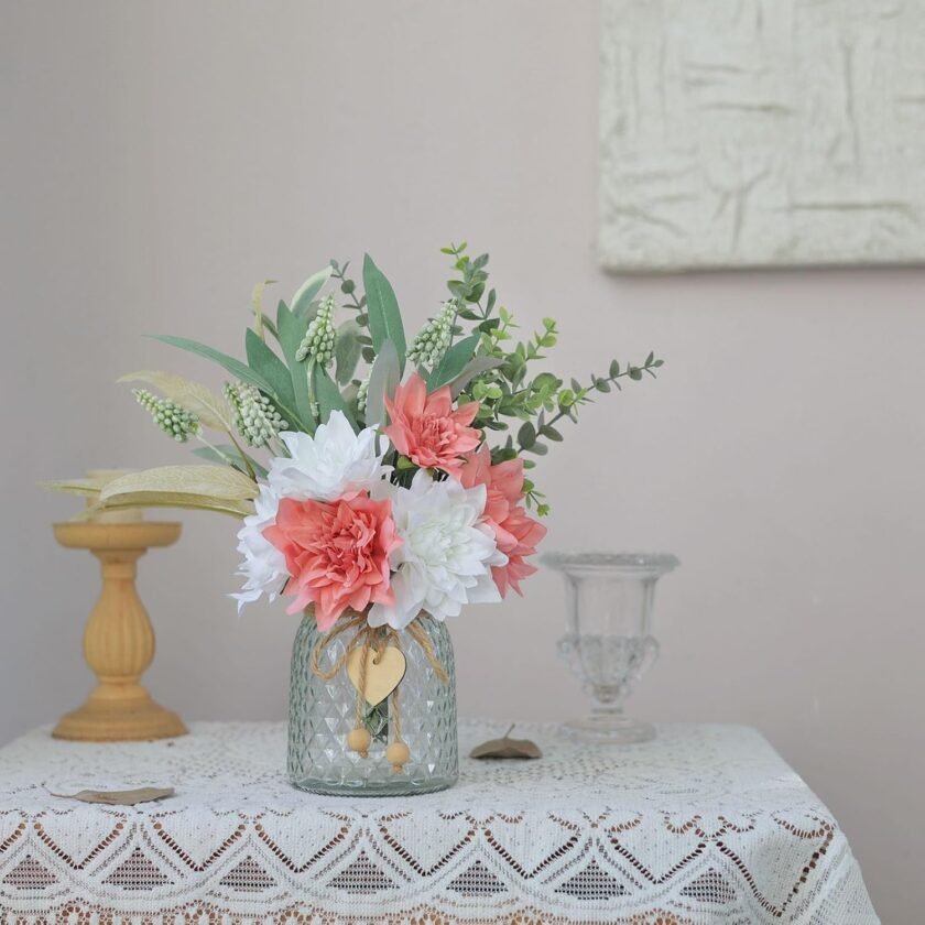 Faux Flowers with Vase,Artificial Silk Flowers in Vase, Fake Plant Eucalyptus and Willow,Flower Arrangement for Home Farmhouse Dining Table Centerpiece Decorations Coffee Table Decor (Dusty Pink) - Image 3