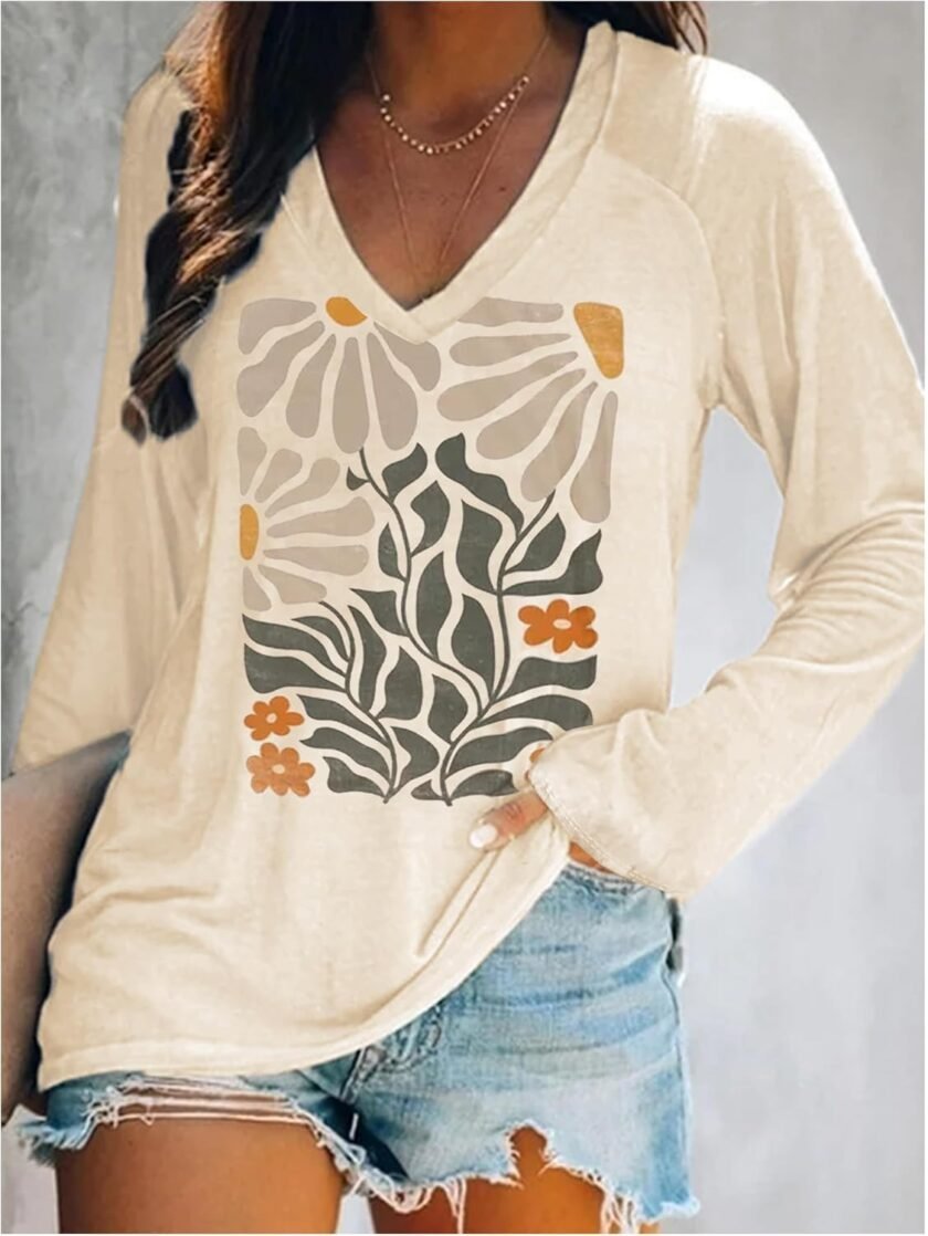 Flowers Graphic Long Sleeve V Neck Tees Shirts for Women Casual Loose Fitted Tshirts Boho Wildflower Trendy Tops Outfits - Image 2