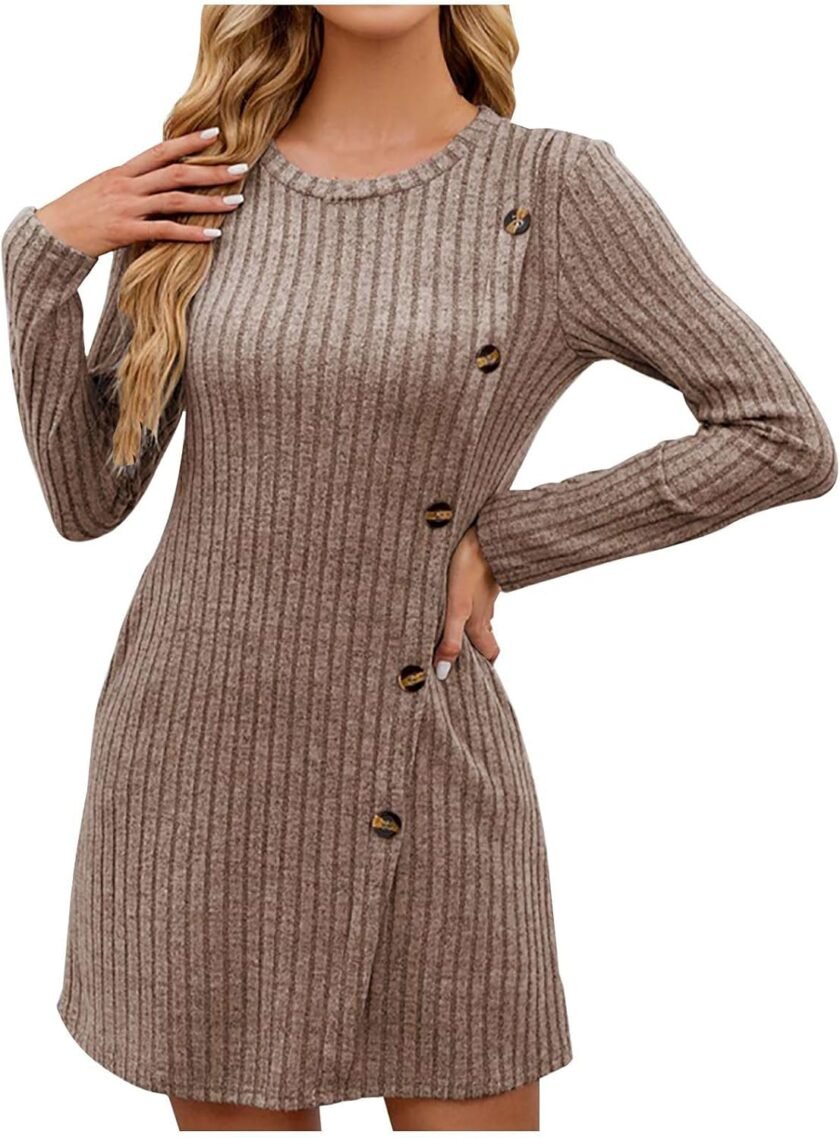 Women Casual Knitwear Dress Fall Fashion 2024 Solid Color Knitted Striped Round Neck Button Lounge Long Sleeve Dress