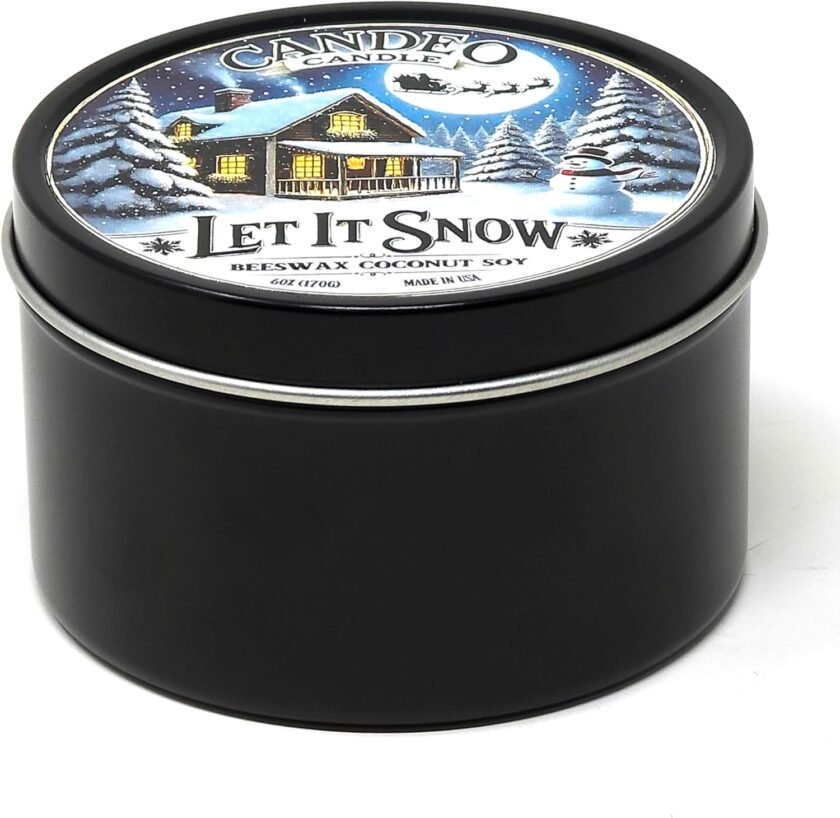 Let It Snow - Container Candle, 6 oz - Made with Beeswax, Coconut and Soy - Black Tin Candle - Handmade in The USA - Candeo Candle (Let It Snow) - Image 4