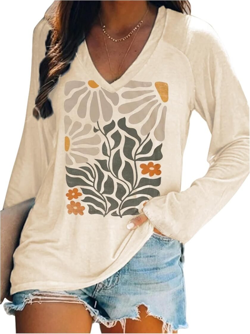 Flowers Graphic Long Sleeve V Neck Tees Shirts for Women Casual Loose Fitted Tshirts Boho Wildflower Trendy Tops Outfits