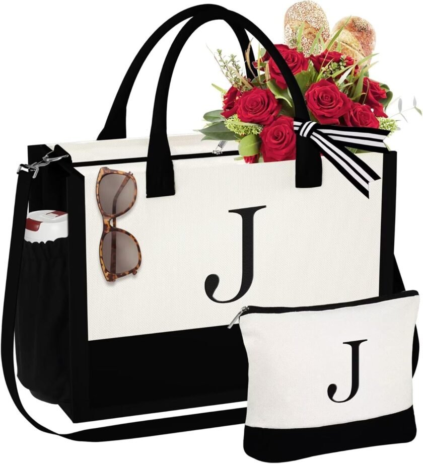 YOOLIFE Valentines Day Gifts for Her - Initial Canvas Tote Bag & Makeup Bag, Birthday Gifts for Women Her Wife Mom Friend