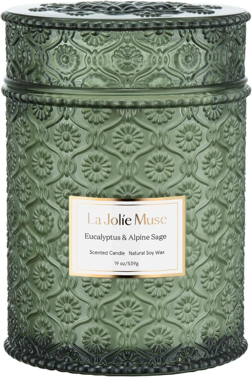 LA JOLIE MUSE Scented Candles Eucalyptus & Alpine Sage, Large Wood Wicked Candles, Decorative Candles in Glass, Natural Soy Wax, 90 Hours Long Burning, 19oz