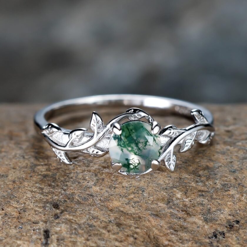 Natural Moss Agate Ring 925 Sterling Silver Leaf Ring Engagement Promise Rings for Women Jewelry Gift - Image 2