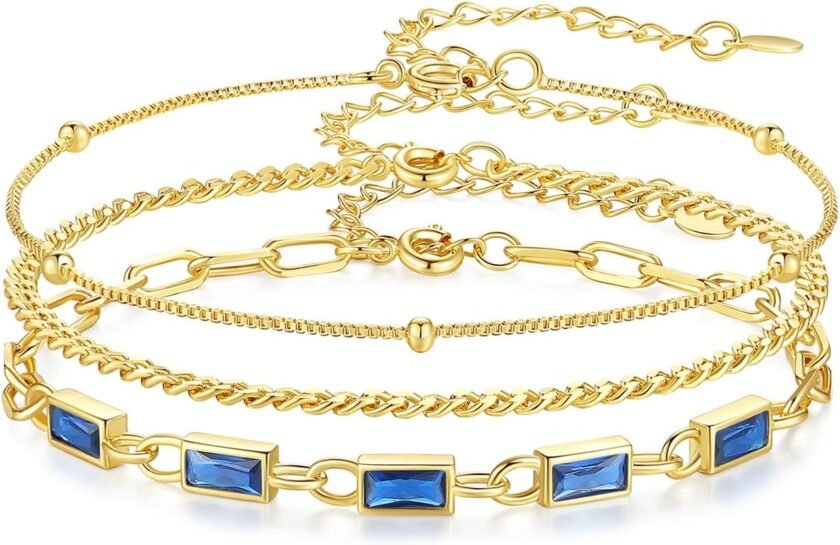 Gold Birthstone Bracelet for Women, 18K Gold Plated Layered Jewelry Bracelet Set, Women Dainty Stackable Bracelets Link Paperclip Chain Valentines Day Gift for Women