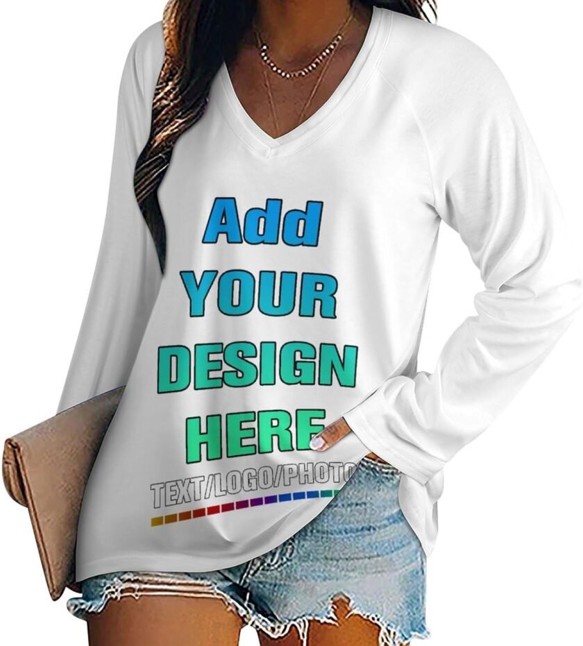 Personalized Tee Custom Long Sleeve Shirts for Women Design Your Own Image Text Photo Front/Back Print