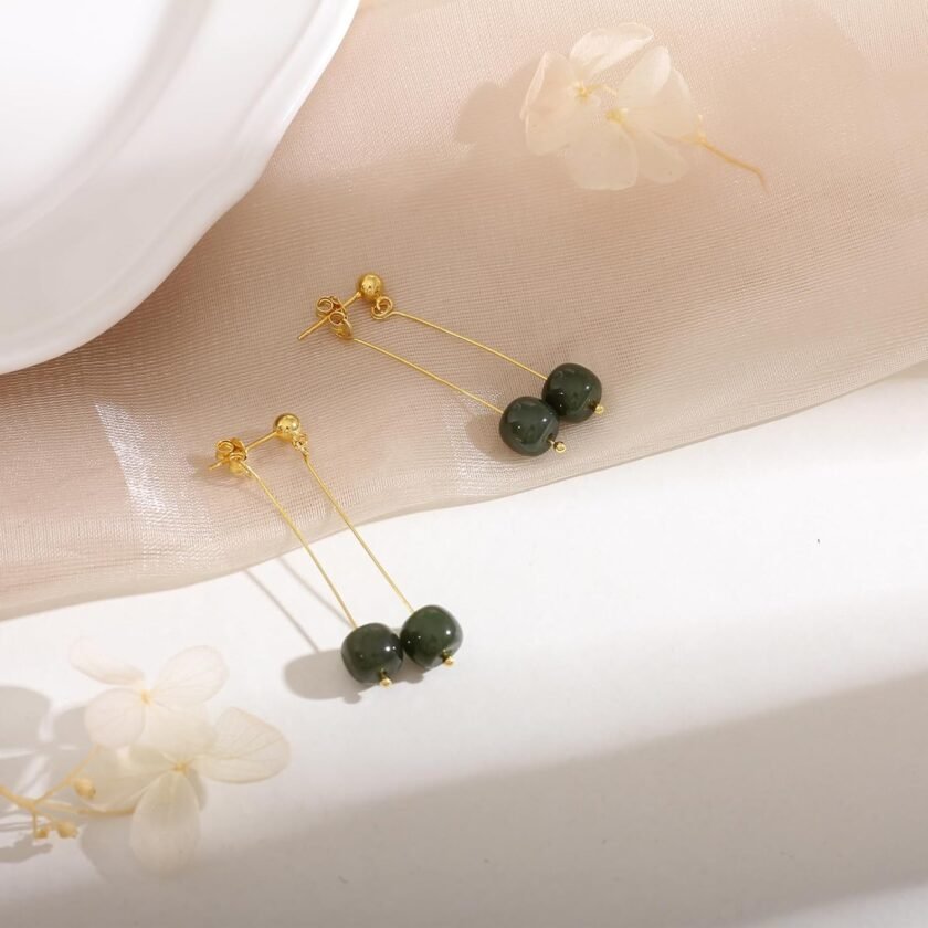 Natural Hetian Jade Bead Earrings, Lucky Green Jade, Dainty Green Real Jade Charm Pendant Jewelry Studs, Handmade Earrings Stud Hoop Earrings for Women (925 Sterling Silver with Gold Plated) - Image 5