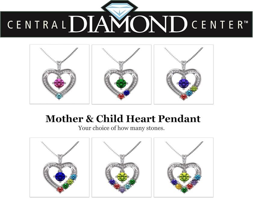 Central Diamond Center Mother & Child Heart Birthstone Necklace w/ 1-6 Simulated Gemstones in Sterling Silver, 10K, or 14K Gold - Image 4