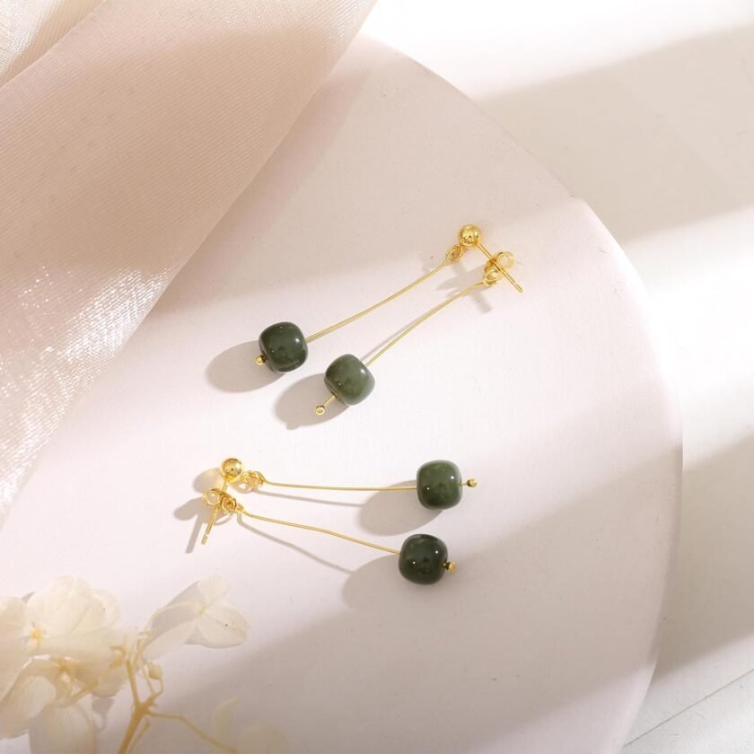 Natural Hetian Jade Bead Earrings, Lucky Green Jade, Dainty Green Real Jade Charm Pendant Jewelry Studs, Handmade Earrings Stud Hoop Earrings for Women (925 Sterling Silver with Gold Plated) - Image 7