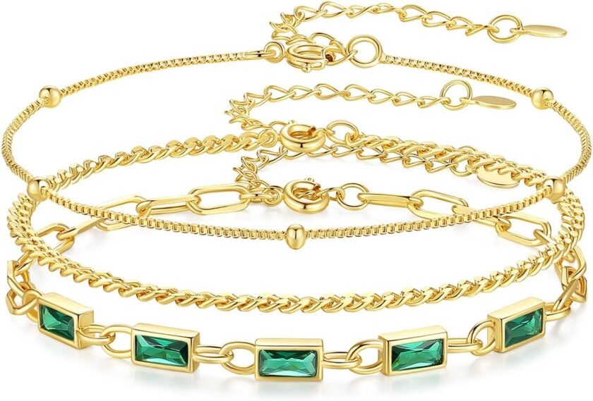 Gold Birthstone Bracelet for Women, 18K Gold Plated Layered Jewelry Bracelet Set, Women Dainty Stackable Bracelets Link Paperclip Chain Valentines Day Gift for Women