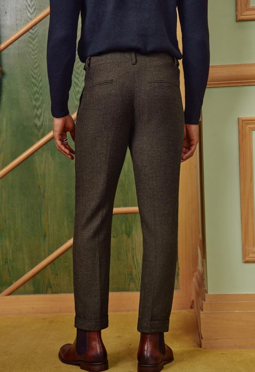 PJ PAUL JONES Men Vintage Tweed Pants Herringbone Pleated Suit Trousers - Image 3