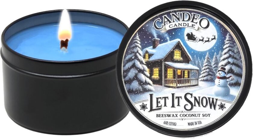 Let It Snow - Container Candle, 6 oz - Made with Beeswax, Coconut and Soy - Black Tin Candle - Handmade in The USA - Candeo Candle (Let It Snow)