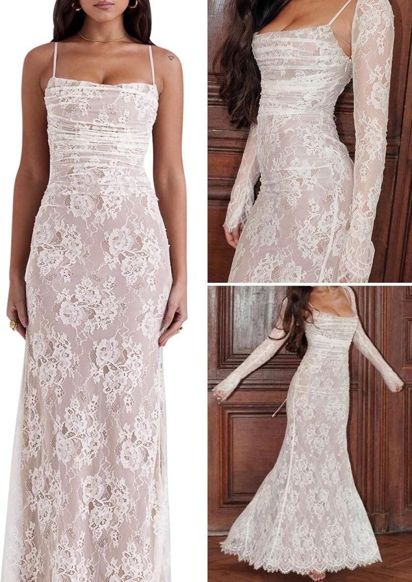 Women Cami Lace Maxi Dress Romantic Long Sleeve Lace Bodycon Dresses Elegant - Image 4