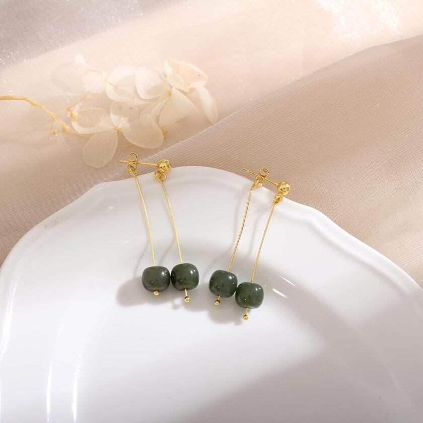 Natural Hetian Jade Bead Earrings, Lucky Green Jade, Dainty Green Real Jade Charm Pendant Jewelry Studs, Handmade Earrings Stud Hoop Earrings for Women (925 Sterling Silver with Gold Plated) - Image 4