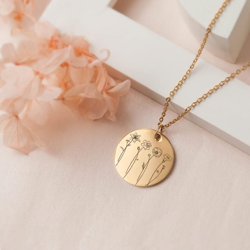 Anavia Multiple Birthday Month Flowers Necklace Connection of Family and Friends, Personalized Engraved Floral Coin Necklace, Customized Birthday Jewelry Gift for Mother New Mom - Image 7