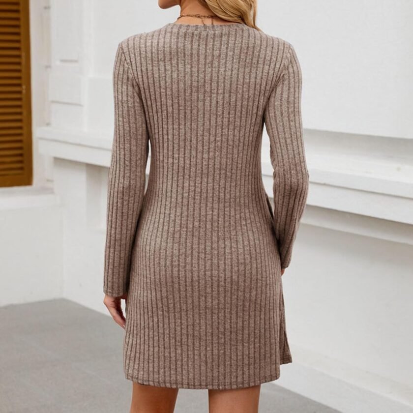 Women Casual Knitwear Dress Fall Fashion 2024 Solid Color Knitted Striped Round Neck Button Lounge Long Sleeve Dress - Image 5