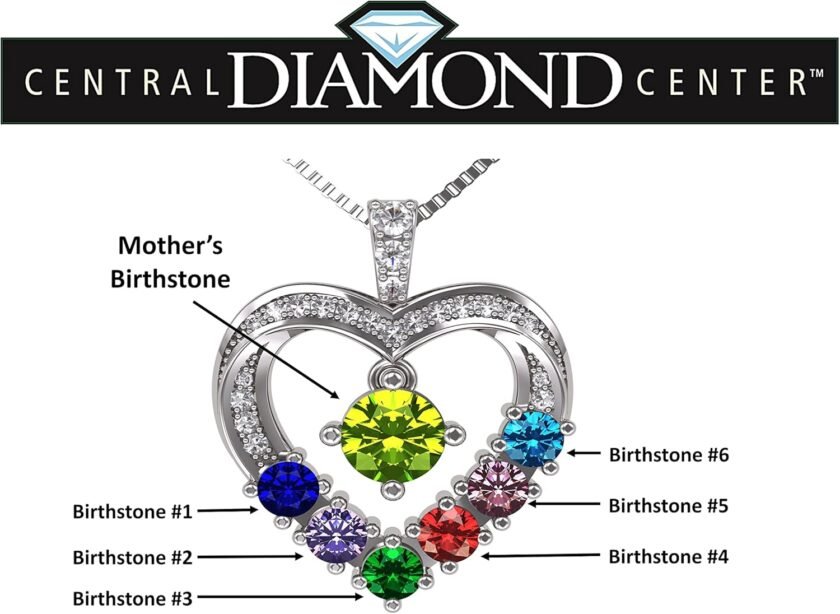 Central Diamond Center Mother & Child Heart Birthstone Necklace w/ 1-6 Simulated Gemstones in Sterling Silver, 10K, or 14K Gold - Image 5