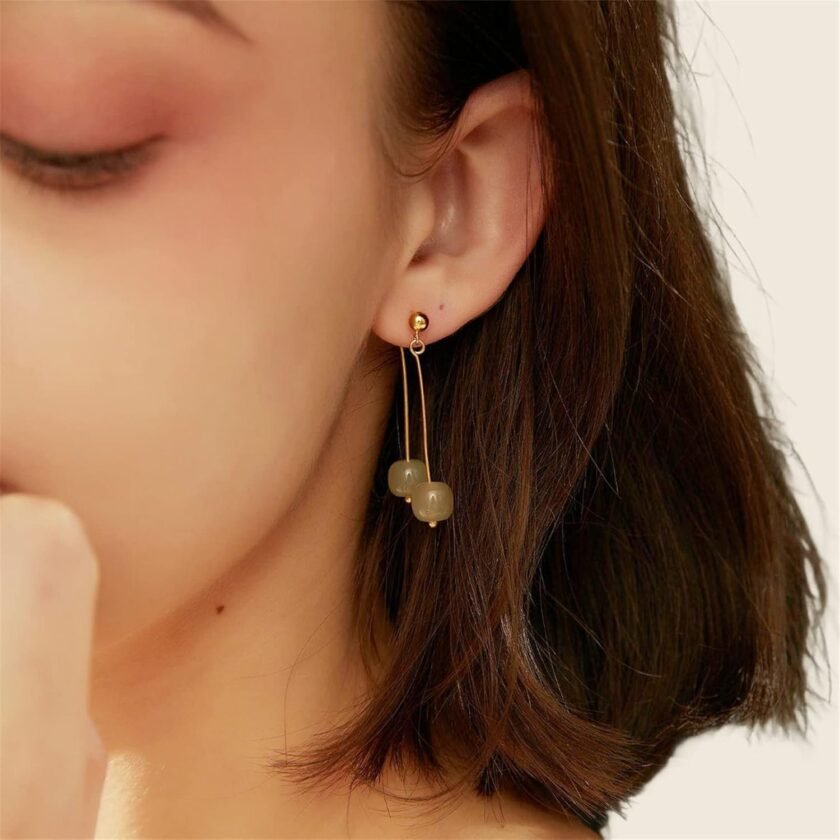 Natural Hetian Jade Bead Earrings, Lucky Green Jade, Dainty Green Real Jade Charm Pendant Jewelry Studs, Handmade Earrings Stud Hoop Earrings for Women (925 Sterling Silver with Gold Plated) - Image 3