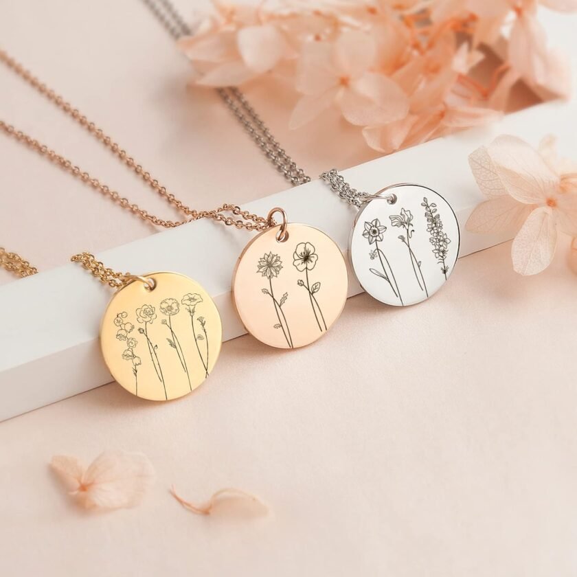 Anavia Multiple Birthday Month Flowers Necklace Connection of Family and Friends, Personalized Engraved Floral Coin Necklace, Customized Birthday Jewelry Gift for Mother New Mom - Image 2