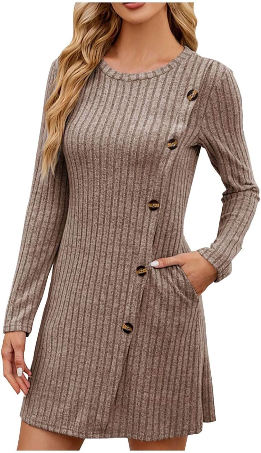 Women Casual Knitwear Dress Fall Fashion 2024 Solid Color Knitted Striped Round Neck Button Lounge Long Sleeve Dress - Image 4