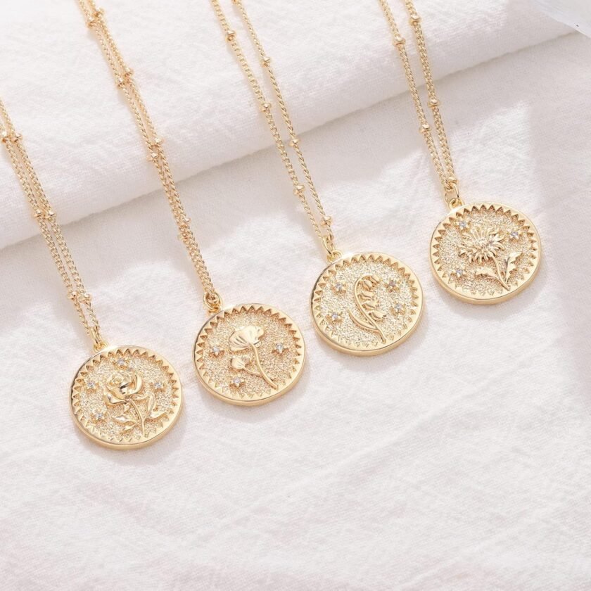 Layered Birth Flower Necklace for Women 18K Gold Plated Double Layered Engraved Custom Floral Pendant Dainty Birth Month Flower Disc Coin Necklaces Personalized Jewelry - Image 5