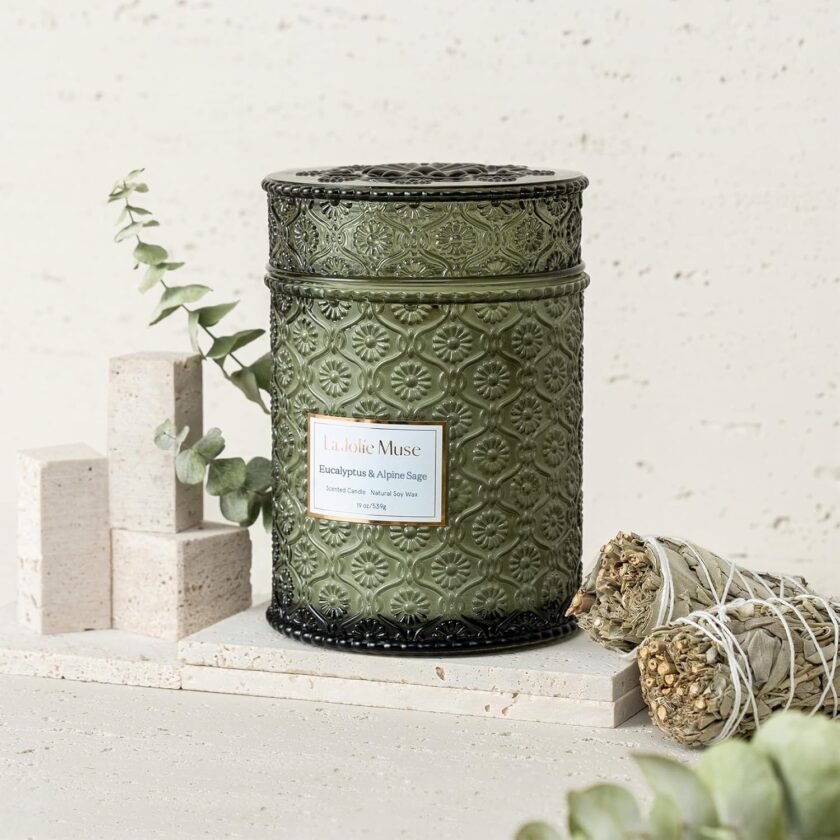 LA JOLIE MUSE Scented Candles Eucalyptus & Alpine Sage, Large Wood Wicked Candles, Decorative Candles in Glass, Natural Soy Wax, 90 Hours Long Burning, 19oz - Image 2